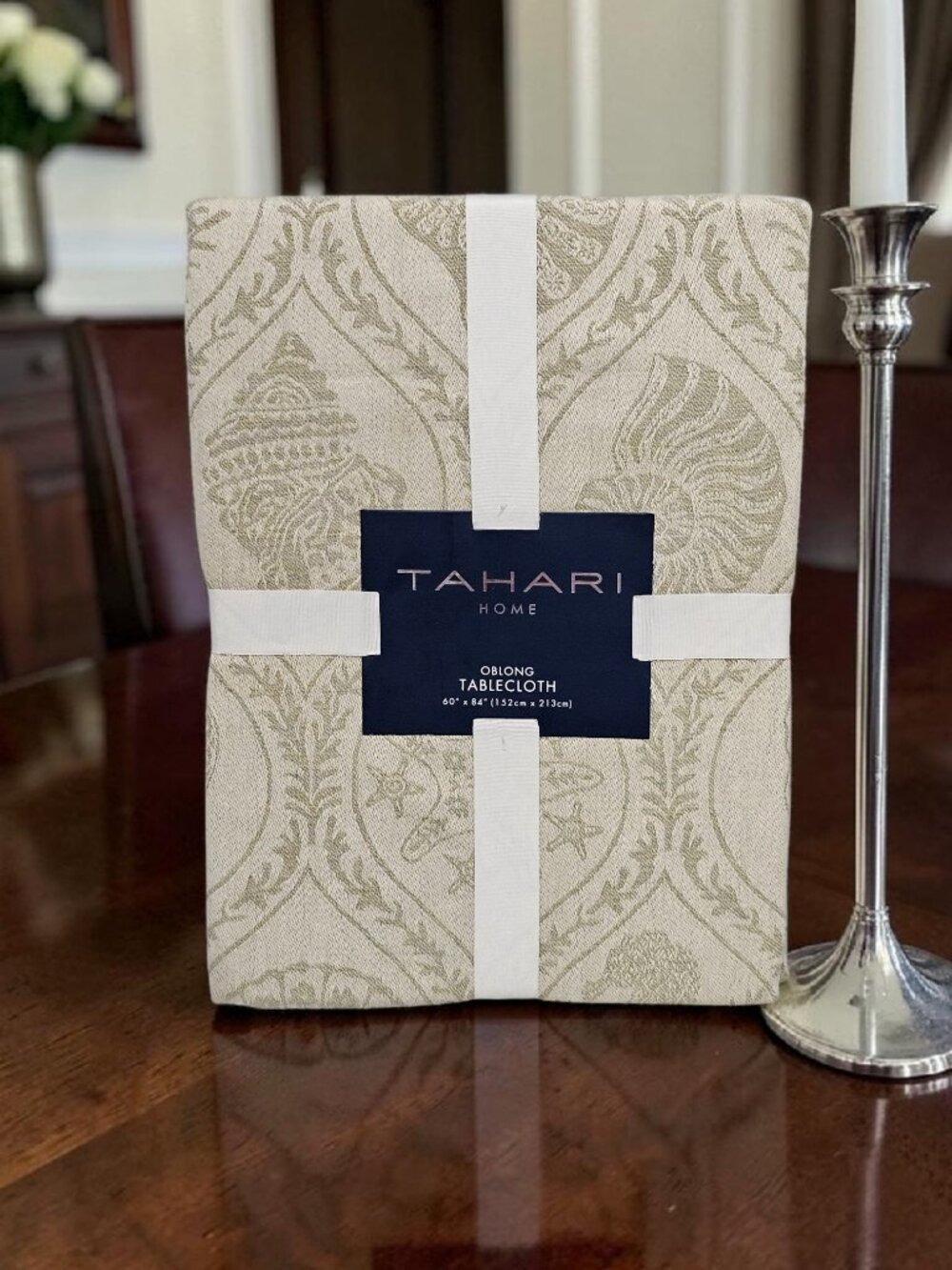 Tahari Home Oblong Tablecloth New Nautical Neutral 60”x84” Starfish Seashells